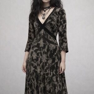 Y2K Silk Blend Whimsigoth Velvet Floral Maxi Dress Fairy Grunge Empire Waist 8